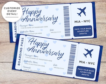 Billet anniversaire imprimable : carte d'embarquement pour un voyage surprise. Cadeau d'anniversaire personnalisable, coupon billet d'avion, idée de carte d'anniversaire unique.