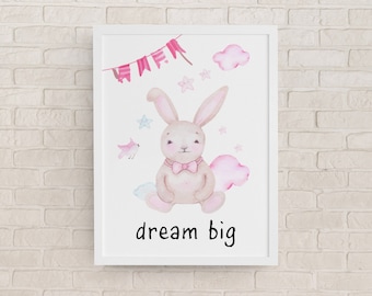 Cute Bunny Framed Wall Art, Dream Big Inspirational Quote, Pink Bunny For Girls, Nursery Decor, Playroom Wall Art, Cute Watercolor Animals