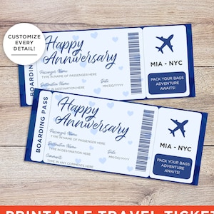 Biglietto anniversario stampabile: carta d'imbarco per viaggio a sorpresa. Regalo di anniversario personalizzabile, coupon per biglietti aerei, idea unica per biglietti di anniversario.