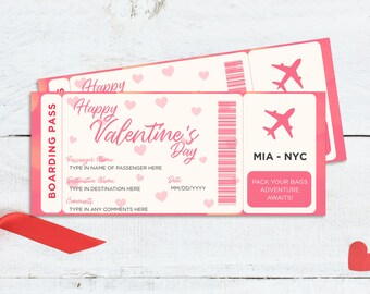 May include: Two pink and white printable travel tickets with the text "Happy Valentine's Day". The tickets feature heart and airplane graphics, with the destination "MIA - NYC". The phrase "Pack your bags adventure awaits!" is also included.