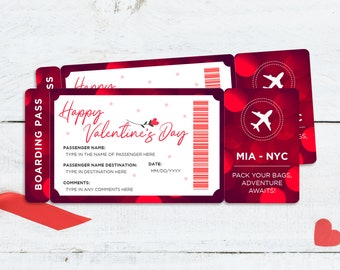 May include: Printable Valentine's Day travel tickets with a red and white design. The tickets feature the text "Happy Valentine's Day" and include space for passenger details and destination. The tickets also have a graphic of an airplane.