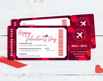 May include: Printable Valentine's Day travel tickets in red and white. The tickets have text that says "Happy Valentine's Day" and "MIA - NYC". The tickets also have a barcode and space for passenger information.