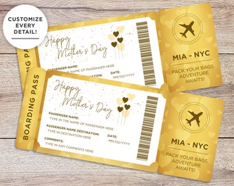 Mother's Day Boarding Pass Template: Surprise Trip Reveal Printable Ticket. Fake Plane Ticket, Golden Ticket Travel Gift Voucher For Mom.