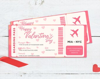 May include: Two pink and white printable travel tickets with the text "Happy Valentine's Day". The tickets have a heart design and an airplane graphic. The destination is MIA-NYC. The tickets are for a Valentine's Day adventure.