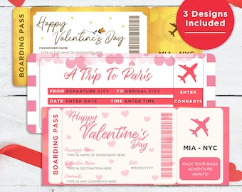 May include: Printable travel ticket designs with Valentine's Day and travel themes. The tickets feature text like "Happy Valentine's Day" and "A Trip to Paris". The design includes hearts and airplane graphics.