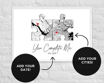 You Complete Me Unique Romantic Puzzle Print, Framed Artistic Design, Destination Hearts, Printable Art for Couples, or Valentine's Day Gift