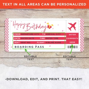Modèle imprimable de carte d'embarquement pour anniversaire. Idée cadeau bon de voyage, invitation à un embarquement, faux billet d'avion, cadeau de voyage personnalisé pour lui/elle