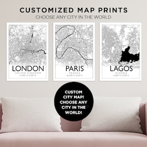 Customized Set of 3 Modern Maps of Any City, Custom Location Office Maps, Three-Panel Framed Wall Art, Unique Games Room Printed Map Gift