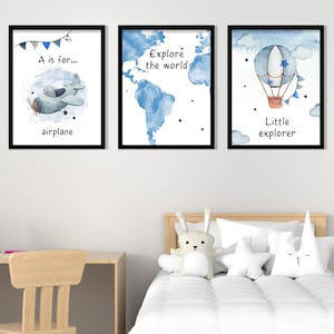 Baby Geschenkset von 3 Aquarell Gemälde, Kinderzimmer Wandkunst, Heißluftballon, Weltkarte Dekor, Kinder digitaler Download, Kinder druckbare
