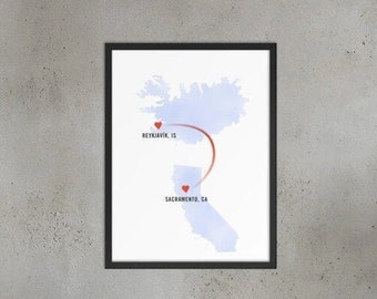Custom Long Distance Relationship Art Print - Long Distance Gift For Boyfriend Or Girlfriend. Unique Long Distance Map, Long Distance Couple