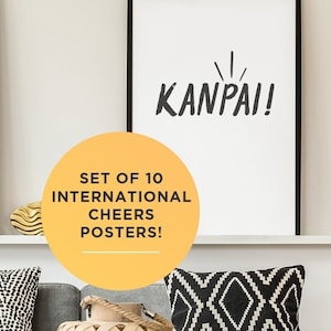 Set Of 10 International Cheers Posters, Cheers Around The World Art Prints, Cheers Wall Art, Typographic Decor, Bar Decor, Digital Download