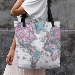 Carte du monde unique All-Over Print Travel Tote Bag, carte nautique écologique Beach Tote, carte vintage du monde Sac de plage cadeau de voyage