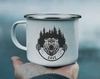 Bear Hunting Enamel Mug, Personalized Outdoor Mug, Modern Hiking Mug, Unique Inspirational Mug, Mountain  Lovers, Travel, Grizzly Bear