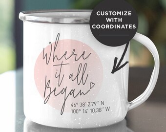 Puede incluir: Taza de camping de esmalte blanco con un círculo rosa y el texto "Where it all began" con un símbolo de corazón. La taza también tiene coordenadas impresas en la parte inferior: 46° 38′ 2.79" N 100° 14' 10.38" W.