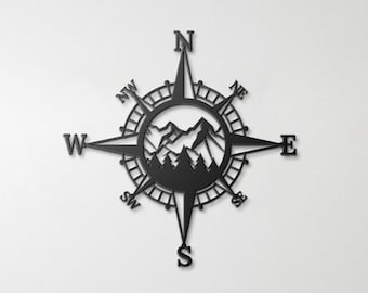 Compass With Mountains And Trees, Best Housewarming Gift, Bedroom Wall Decor, Adventure Art, Metal Art Wall Decor, Steel Wall Art Home Decor
