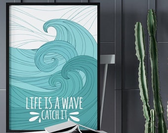 Beach Wall Art Print, Digital Surf Art Print, Coastal Wall Decor, Original Ocean Printable Wall Art, Wave Art Decor, Surf Quote Poster