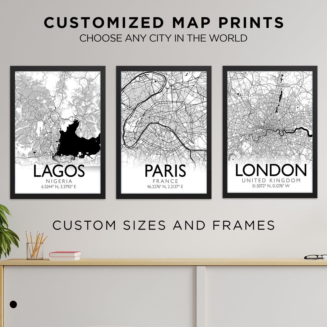 City Map Frame Customized Set of 3 Modern Maps of Any City, Custom Location Office ...