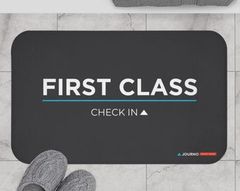 Funny Bathroom Decor: First Class Check-In Bath Mat. Funny Bath Mats For Him, Cute Bath Mats For Her, Funny Travel Gift, Non-Slip Bathmats.
