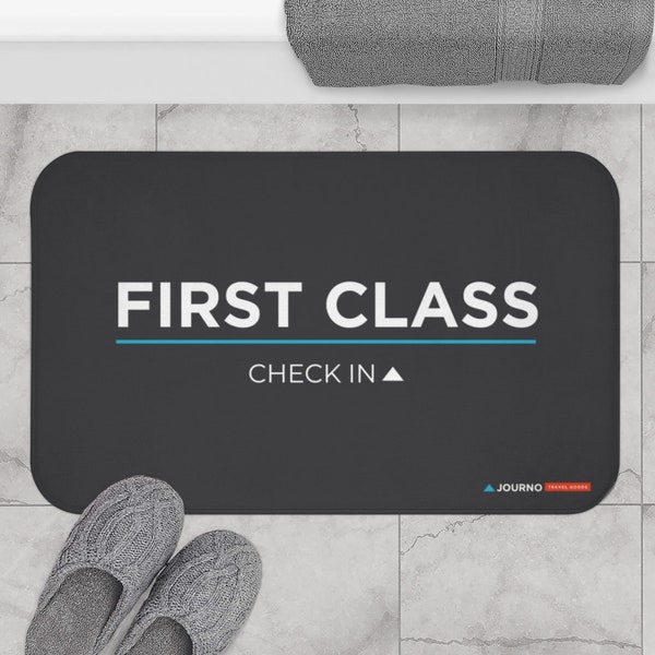 Funny Bathroom Decor: First Class Check-In Bath Mat. Funny Bath Mats For Him, Cute Bath Mats For Her, Funny Travel Gift, Non-Slip Bathmats.