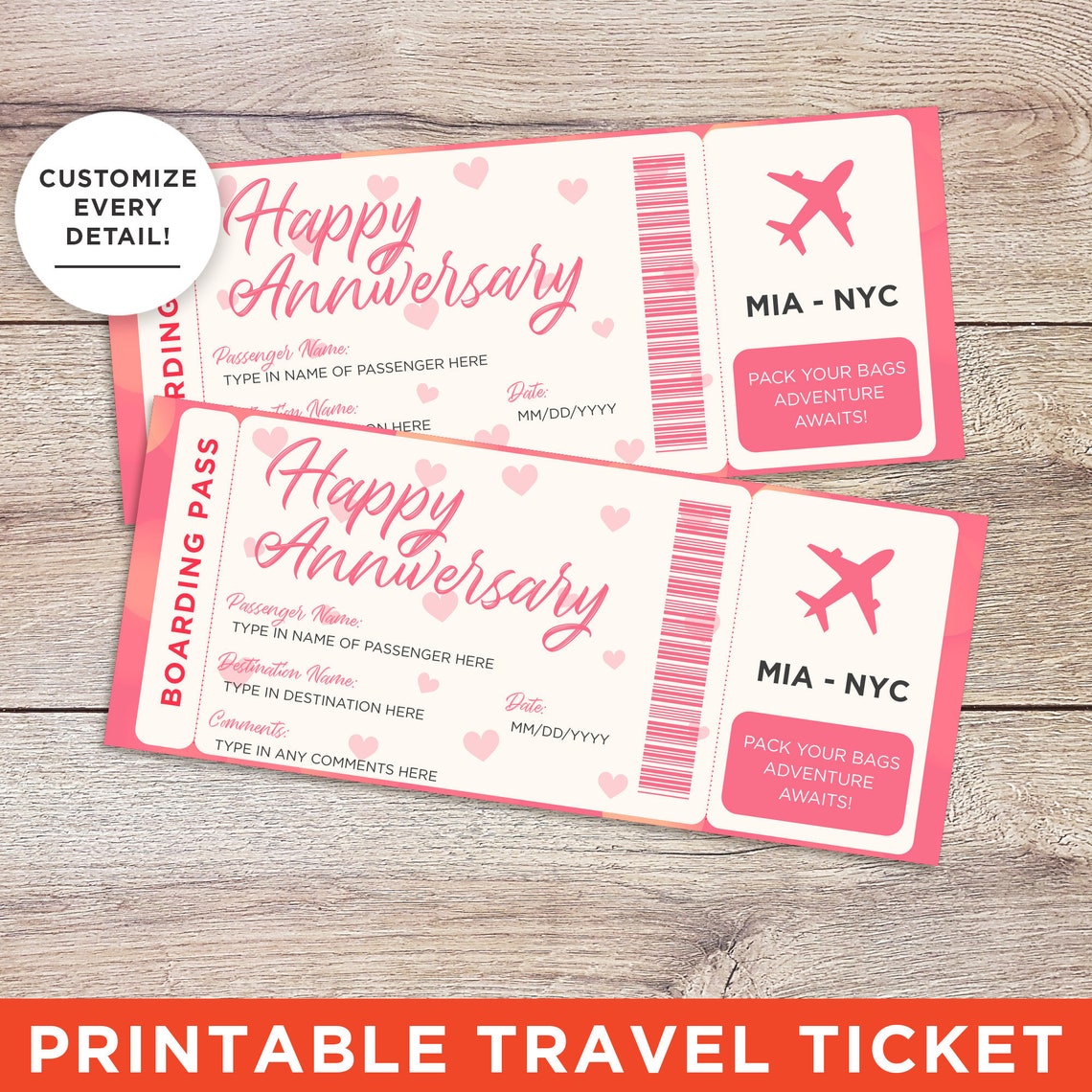 Custom Anniversary Gift Editable Plane Ticket Template. Print Etsy