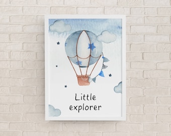 Little Explorer Framed Art, Watercolor Baby Boy Art, Travel Nursery Decor, Boys Room Art, Hot Air Balloon Design, Inspirational Baby Quotes