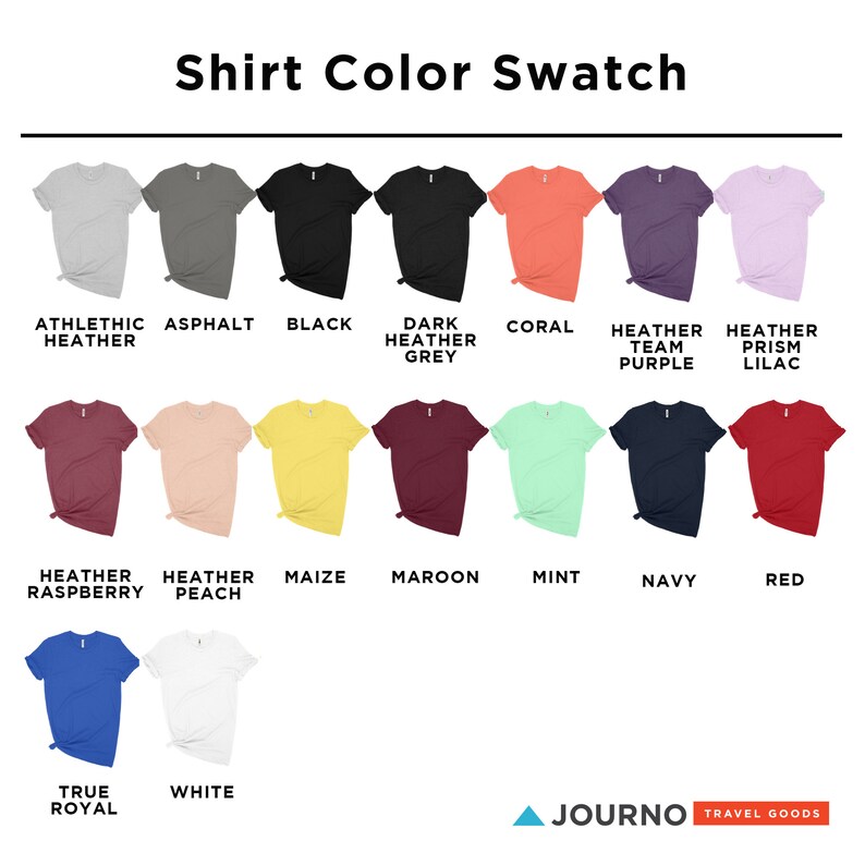 Puede incluir: Una tabla de muestra de color que muestra 15 colores diferentes de camisetas. Los colores son: Gris deportivo, Asfalto, Negro, Gris oscuro jaspeado, Coral, P&uacute;rpura de equipo jaspeado, Lila jaspeado prisma, Frambuesa jaspeado, Melocot&oacute;n jaspeado, Ma&iacute;z, Marr&oacute;n, Menta, Azul marino, Rojo, Azul real y Blanco.