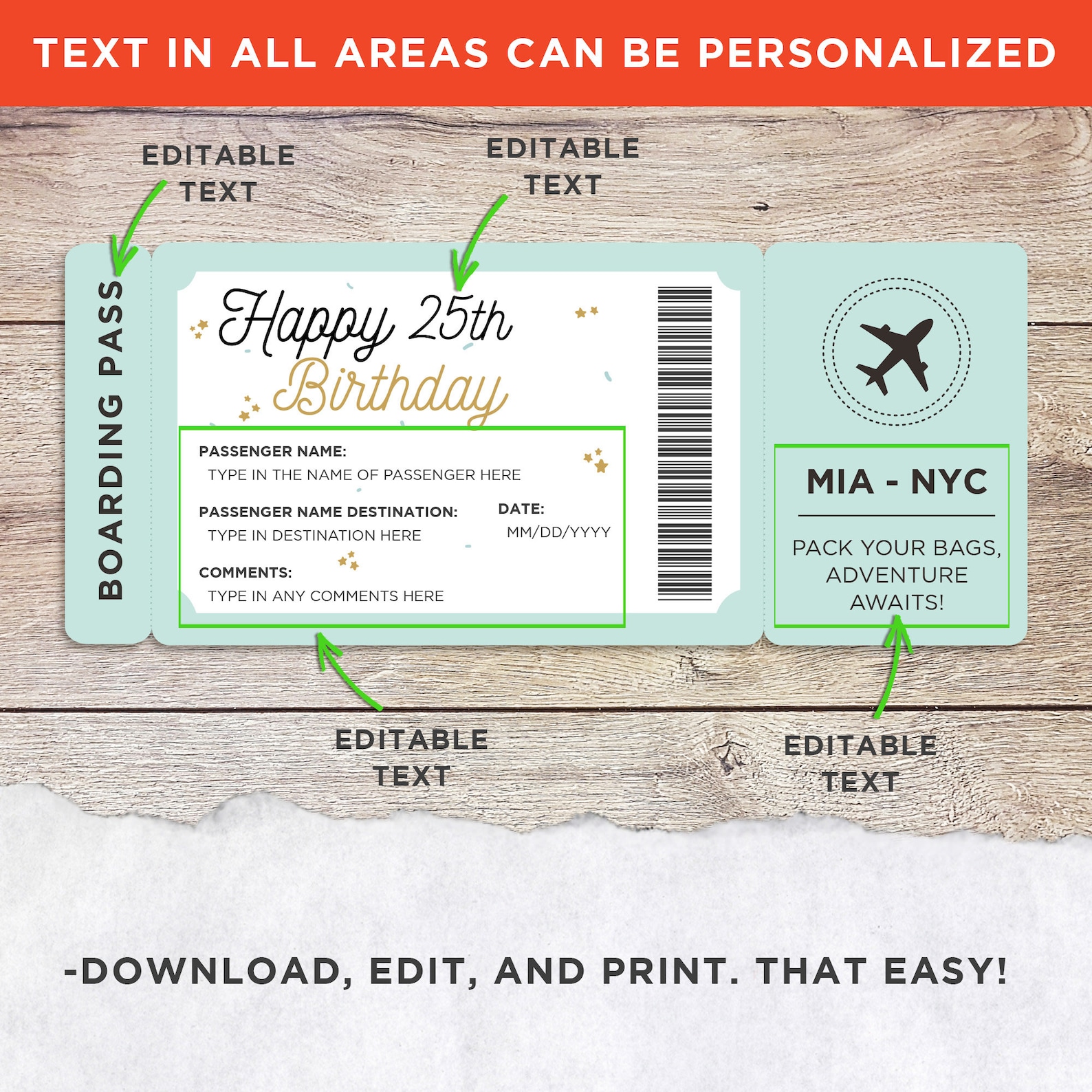 Birthday Ticket Template Personalized Plane Ticket. Printable Etsy UK