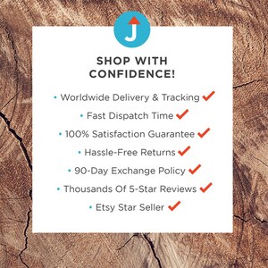 Puede incluir: Un gr&aacute;fico azul y blanco con una flecha apuntando hacia arriba y el texto "SHOP WITH CONFIDENCE!" El gr&aacute;fico enumera los siguientes beneficios: Entrega mundial y seguimiento, Tiempo de env&iacute;o r&aacute;pido, Garant&iacute;a de satisfacci&oacute;n del 100%, Devoluciones sin problemas, Pol&iacute;tica de cambio de 90 d&iacute;as, Miles de rese&ntilde;as de 5 estrellas, Vendedor Etsy Star.