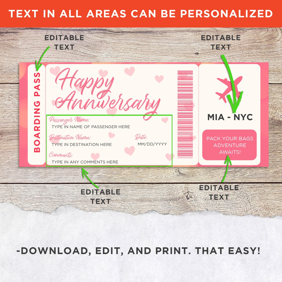 custom anniversary gift editable plane ticket template print etsy