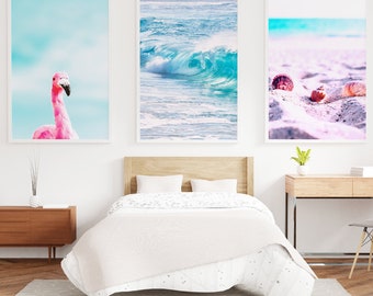 Beach Prints: Set of 3 Coastal Ocean Digital Wall Art Decor. Pink Flamingo Photo, Seashell Art Print, Printable Minimalist Sea Waves Art