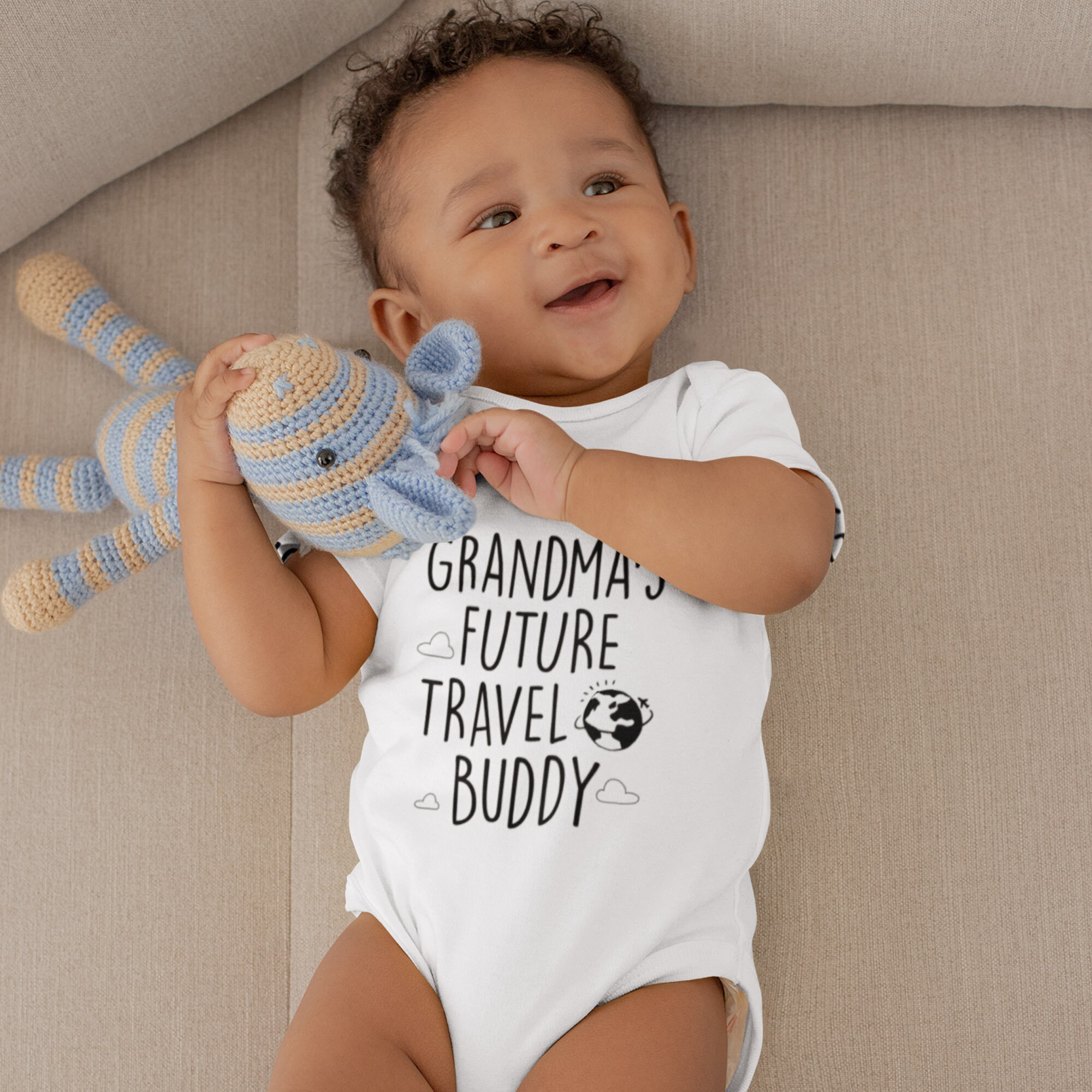 Custom Future Travel Buddy One Piece: Personalized Baby Gift From Grandma Or Customize With Any Name. Cute Baby Gift For Girl Or Boy.