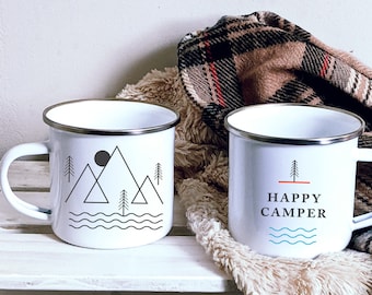 Set Of TWO Happy Camper Enamel Camping Mugs - Campfire Mug. Best Open Fire Camp Mug. Unique Fishing, Hunting, Hiking, Backpack, Outdoor Gear