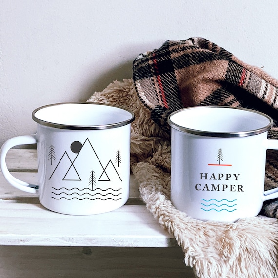 Set of TWO Happy Camper Enamel Camping Mugs Campfire Mug. Best Open Fire Camp  Mug. Unique Fishing, Hunting, Hiking, Backpack, Outdoor Gear 