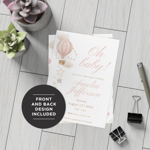 Invito alla festa di compleanno con mongolfiera rosa acquerello, arte per baby shower fai da te, invito digitale personalizzato, design adorabile per bambina