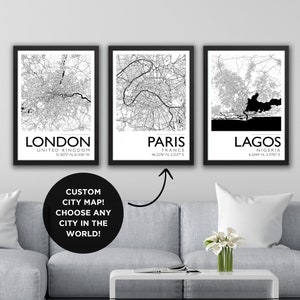 Customized Set of 3 City Maps, Three Panel Custom Location Maps for ...