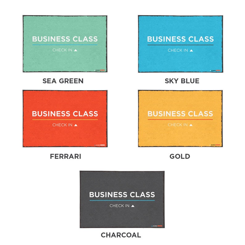 K&ouml;nnte beinhalten: F&uuml;nf verschiedene Farbmuster mit dem Text "BUSINESS CLASS" und "CHECK IN" in Wei&szlig;. Die Farben sind Seegr&uuml;n, Himmelblau, Rot, Gold und Anthrazit.
