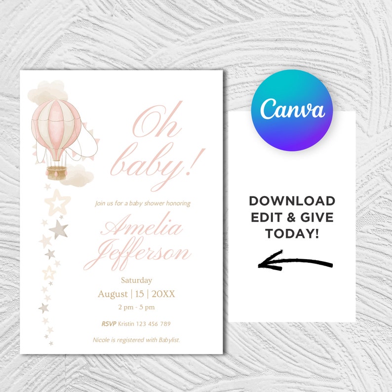 Oh Baby Hot Air Balloon Cute Shower Invitation, Customizable Baby Girl Party Card, Editable Event Invitation, Printable Birthday Template image 3