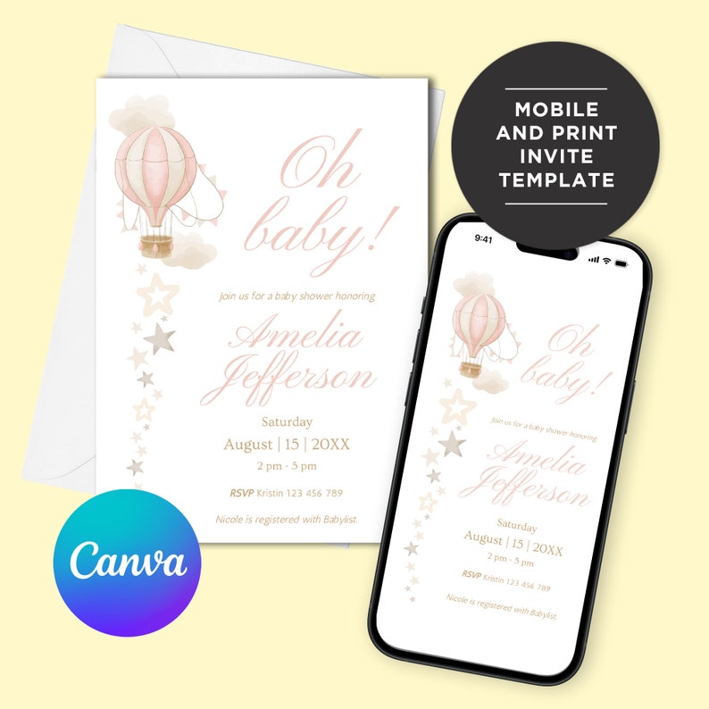 Oh Baby Hot Air Balloon Cute Shower Invitation, Customizable Baby Girl Party Card, Editable Event Invitation, Printable Birthday Template image 1