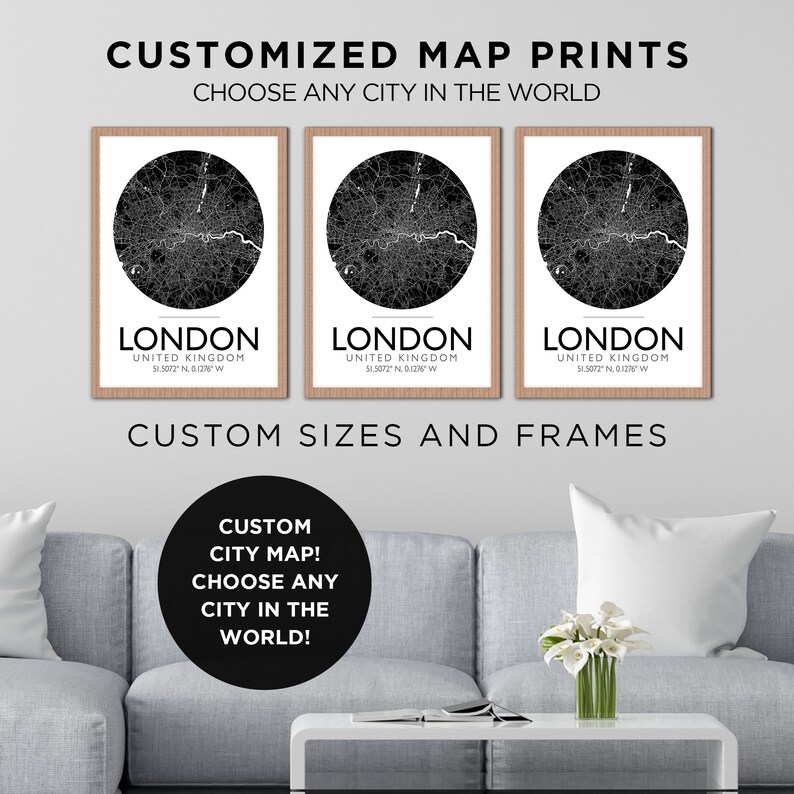 City Map Frame Set of 3 City Maps in a Circle, Custom World Office Location Maps ...