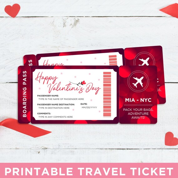 Valentine's Day Boarding Pass Template - Print From Home Editable PDF Plane Ticket. INSTANT DOWNLOAD. Personalized Flight Travel Voucher.