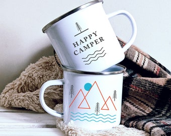 Happy Camper Mug Set - Unique Enamel Camping Mug Gift Set. His And Hers Mugs, Mugs With Sayings, Couples Mugs, Campfire Mug, Coffee Mug Set.