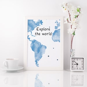 Erkunden Sie die Welt Spielzimmer Dekor, Jungen-Kinderzimmer-Druck, Aquarell Reisen Kinder druckbare Kunst, niedliches Karte Design, Kinderzimmer Boho Poster Dekor