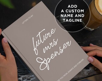 May include: A gray journal with the text "LETTERS TO MY future mrs Spenser" in white cursive writing. The text "LOVE YOU NOW, ALWAYS AND FOREVER" is printed in white at the bottom of the journal. A circle with the text "ADD A CUSTOM NAME AND TAGLINE" is in the upper right corner of the image.