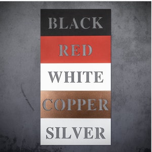 May include: Five colour swatches labelled "BLACK", "RED", "WHITE", "COPPER", and "SILVER".