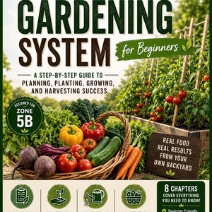 May include: A gardening guide titled "The Complete Gardening System for Beginners" with a basket of fresh vegetables. The cover features text and illustrations, including a zone 5B designation. The image promotes planning, planting, care, and harvesting.