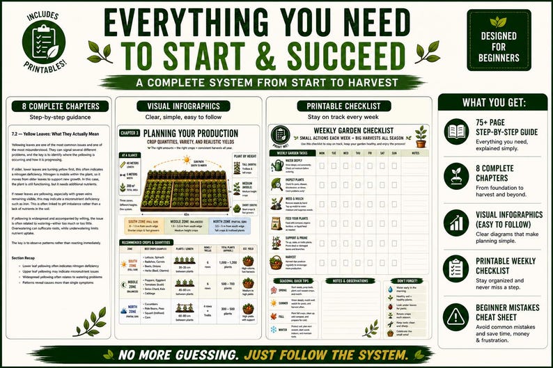 May include: A gardening guide with the text "Everything You Need to Start & Succeed." It includes chapters, infographics, a checklist, and a beginner's cheat sheet. Designed for beginners, it offers a complete system from start to harvest.