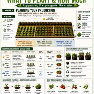 May include: An infographic detailing garden planning, crop quantities, and yields. It includes zones, plant heights, and succession planting. The guide provides examples of crops like lettuce, peppers, and beans, with measurements in meters.