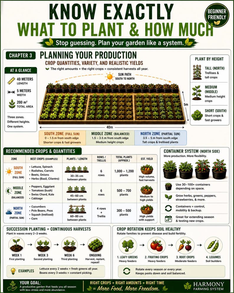 May include: An infographic detailing garden planning, crop quantities, and yields. It includes zones, plant heights, and succession planting. The guide provides examples of crops like lettuce, peppers, and beans, with measurements in meters.