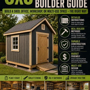 Peut inclure: Image d'un guide intitulé "The Complete 6x8 Structure Builder Guide" avec un petit abri comme image principale. L'abri est gris foncé avec une porte et des bordures en bois. Le guide promet des instructions détaillées et une conception économique.