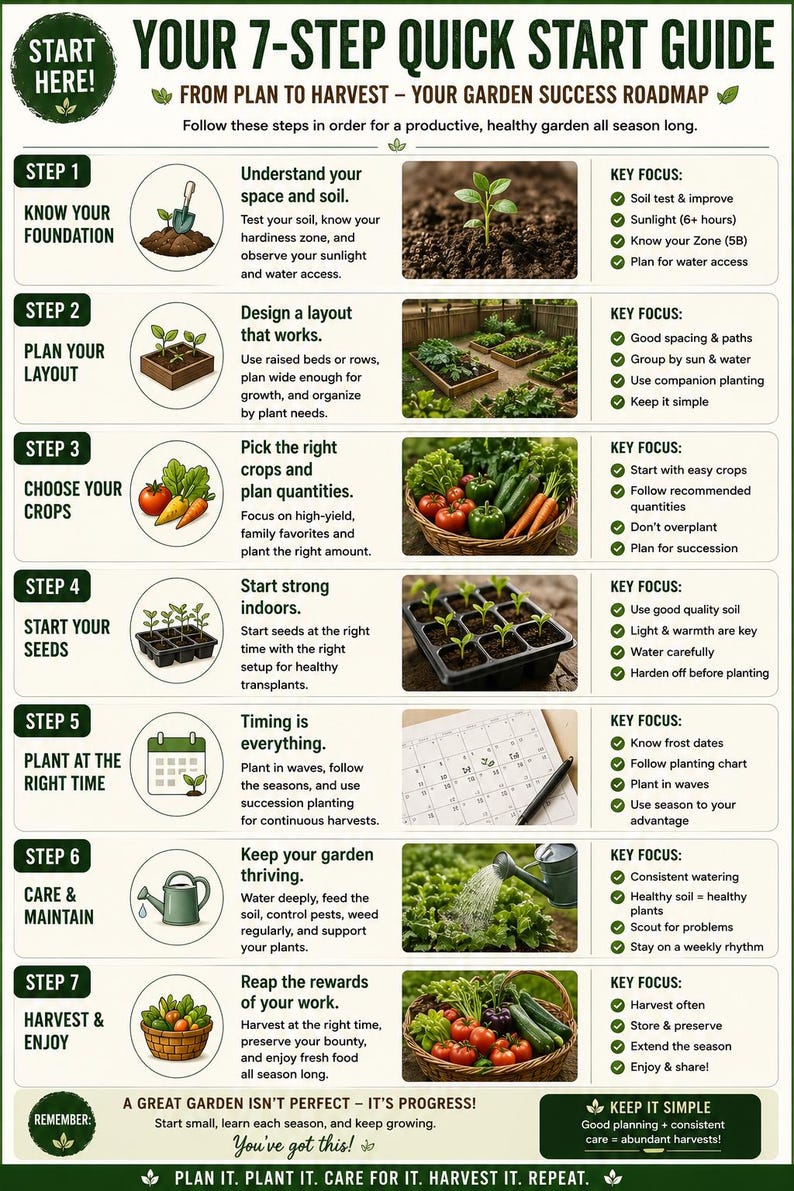 May include: A green and white infographic titled "Your 7-Step Quick Start Guide" for gardening. It details steps from planning to harvest, including soil testing, layout design, crop selection, and planting times. Key focus areas are listed for each step.